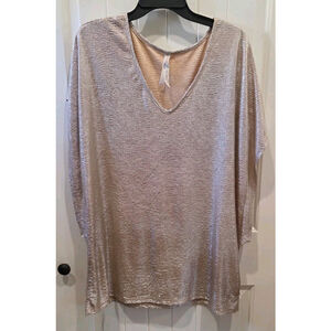 SEVEN7 LUXE Silver Gold Metallic V-Neck Blouse Embossed Design Size 18/ 20